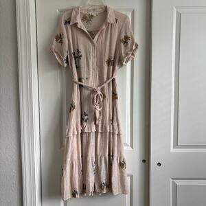 Fig & Flower Anthropologie Peasant Maxi Dress Cream Floral XL Embroidered Boho